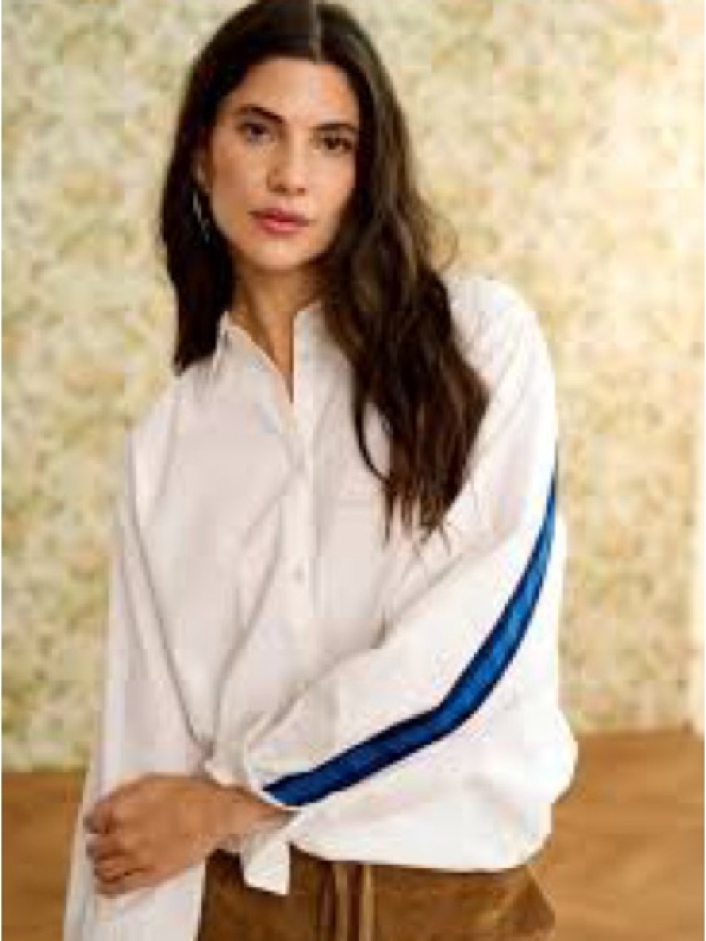 Zara White Poplin Button Down Shirt with Blue and Black Side Ribbon Detail